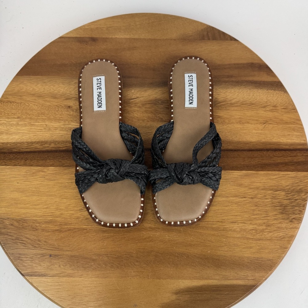 Womens‎ Steve Madden Wilmah Flat Slip On Black Braided Slides Sandals Size 6 M